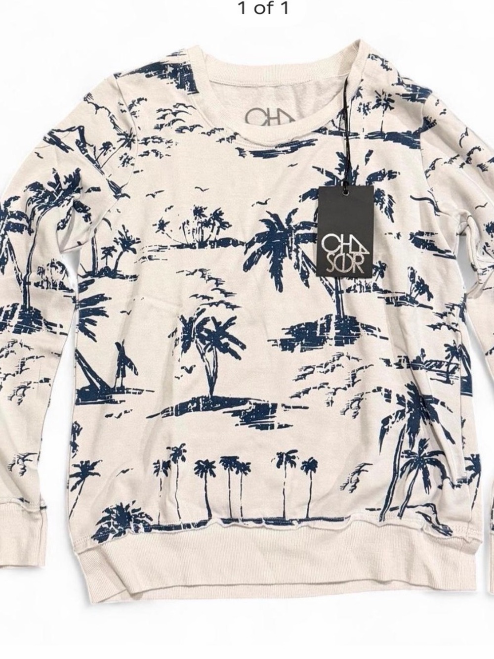 Chaser White Sweatshirt with Navy Palm Island Print